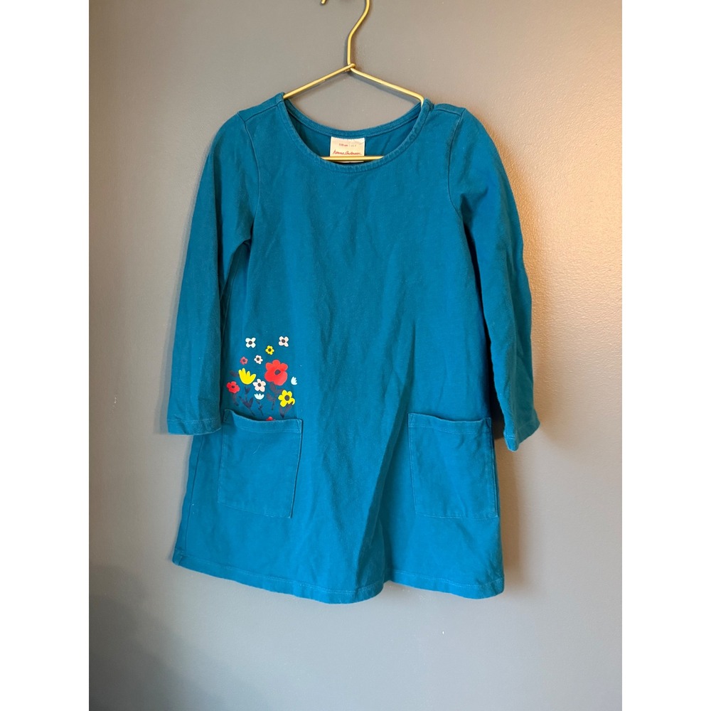 Hanna Andersson Teal Blue Floral Print Long Sleeve Pocket‎ Dress